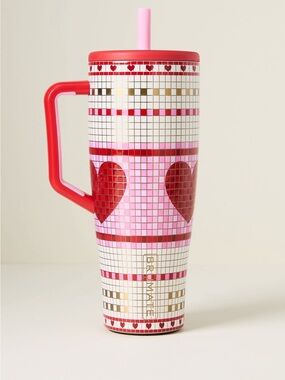 Heart Mosaic Travel Tumbler in Pink & Red with Handle